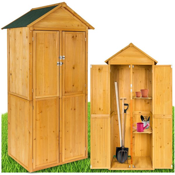 tectake Geräteschrank Gartenschrank, Maße: 80,5 x 60 x 213,5 cm, Dachpappe aus Bitumen (Terrassenschrank Kadi, 1-St., in braun) Aus imprägniertem Nadelholz, zwe