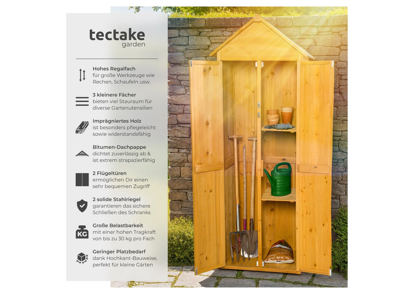 tectake Geräteschrank Gartenschrank, Maße: 80,5 x 60 x 213,5 cm, Dachpappe aus Bitumen (Terrassenschrank Kadi, 1-St., in braun) Aus imprägniertem Nadelholz, zwe – Bild 2 von 5