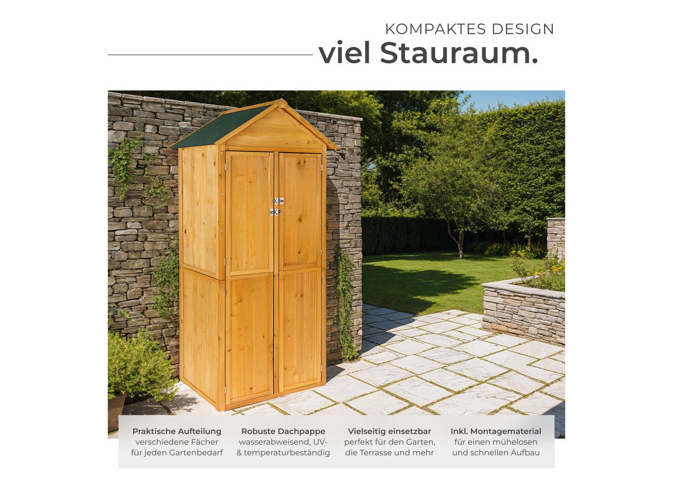 tectake Geräteschrank Gartenschrank, Maße: 80,5 x 60 x 213,5 cm, Dachpappe aus Bitumen (Terrassenschrank Kadi, 1-St., in braun) Aus imprägniertem Nadelholz, zwe – Bild 3 von 5