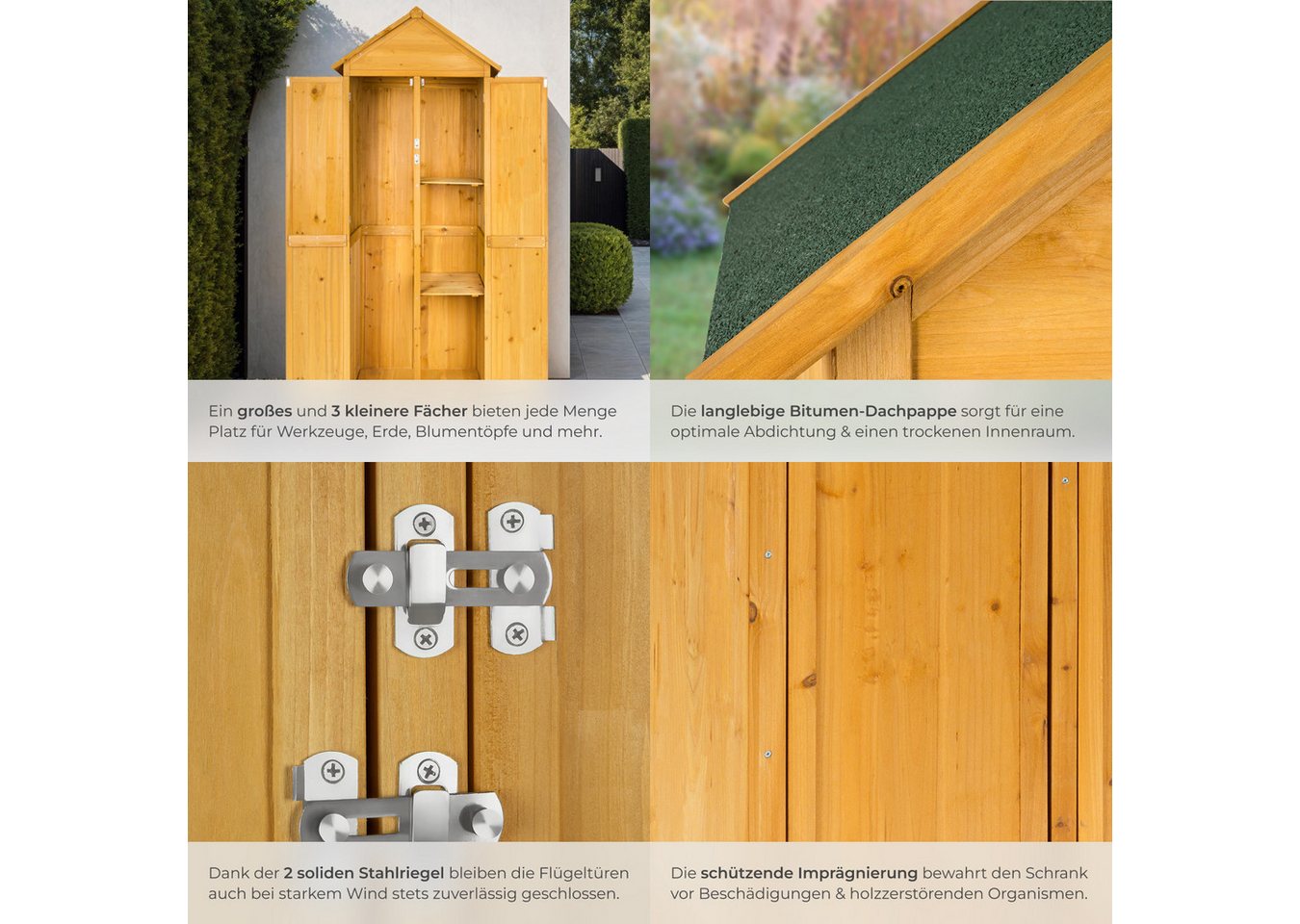 tectake Geräteschrank Gartenschrank, Maße: 80,5 x 60 x 213,5 cm, Dachpappe aus Bitumen (Terrassenschrank Kadi, 1-St., in braun) Aus imprägniertem Nadelholz, zwe – Bild 4 von 5