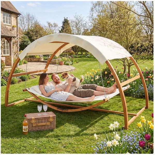 tectake Hängematte Schwebeliege, Belastbarkeit 250 kg, 328 x 160 x 171,5 cm, (Sitzhängeschaukel Locarno, in teak), Für 2 Personen, großes Sonnendach, 2 Kissen, 