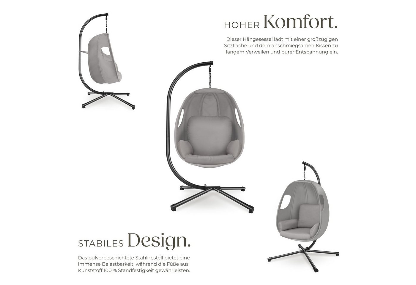 tectake Hängesessel Hängeliege mit Gestell 100x97x201 cm, für Indoor und Outdoor (Hängesitz Mit Gestell Anika, in Hellgrau), 360° drehbar, inkl. Schutzhülle, bi – Bild 3 von 5