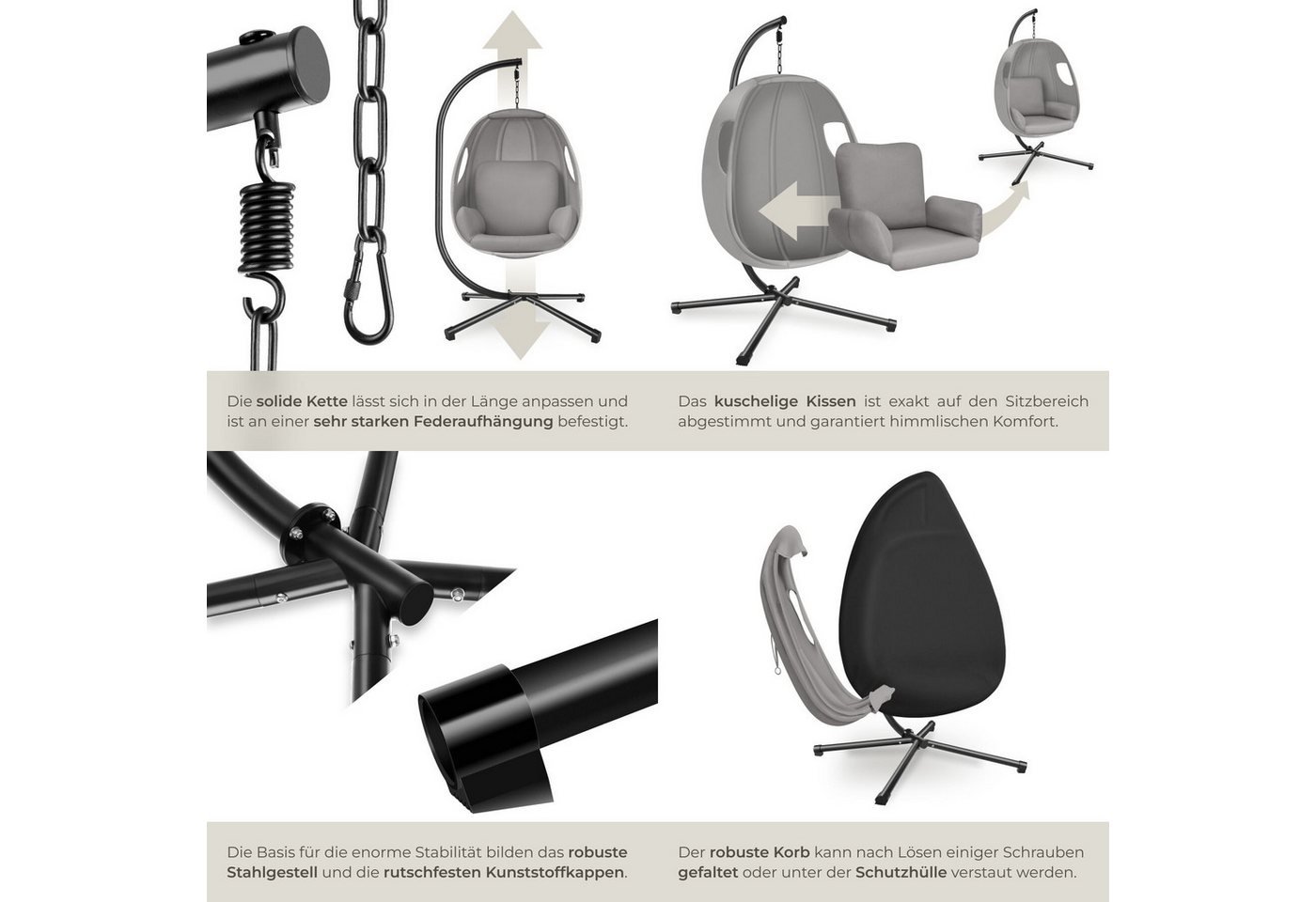 tectake Hängesessel Hängeliege mit Gestell 100x97x201 cm, für Indoor und Outdoor (Hängesitz Mit Gestell Anika, in Hellgrau), 360° drehbar, inkl. Schutzhülle, bi – Bild 5 von 5