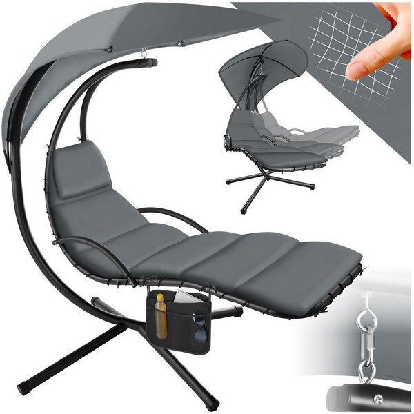 tectake Hängesessel Hängeliege mit Seitentasche, ergonomisch, 195 x 132 x 197 cm (Hängekorb mit Gestell Elaria, für indoor und outdoor in grau), großes Sonnenda