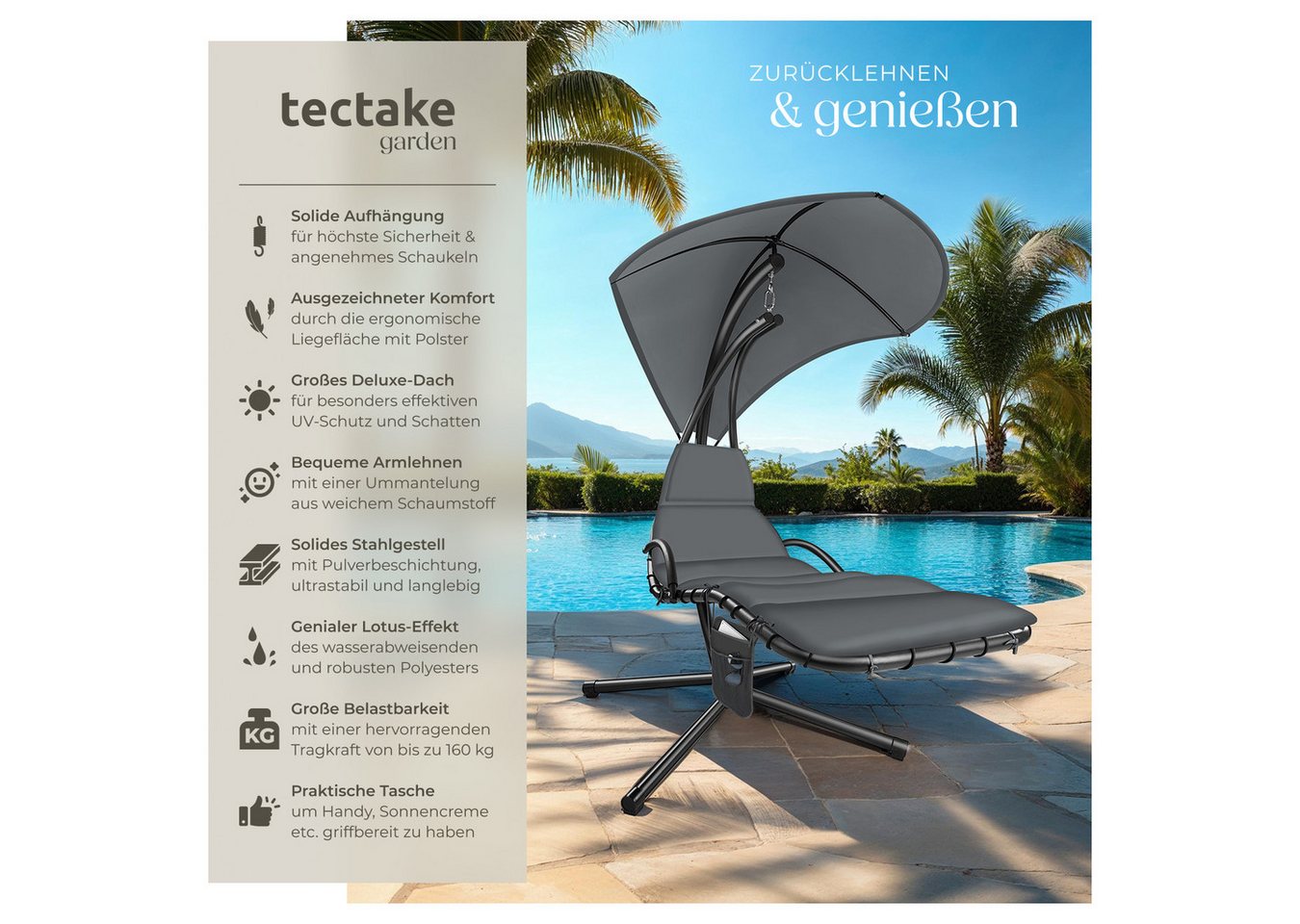 tectake Hängesessel Hängeliege mit Seitentasche, ergonomisch, 195 x 132 x 197 cm (Hängekorb mit Gestell Elaria, für indoor und outdoor in grau), großes Sonnenda – Bild 2 von 5
