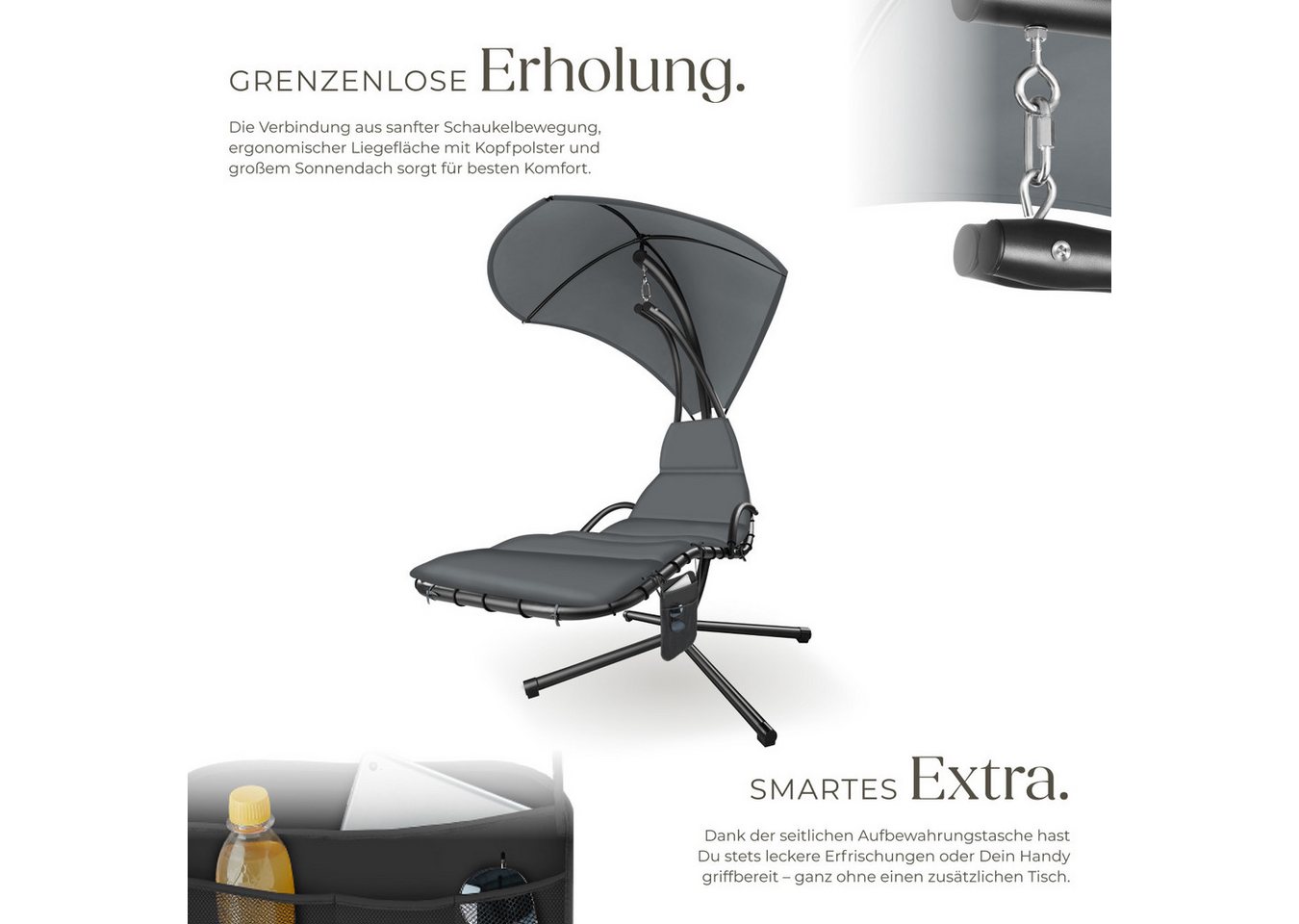 tectake Hängesessel Hängeliege mit Seitentasche, ergonomisch, 195 x 132 x 197 cm (Hängekorb mit Gestell Elaria, für indoor und outdoor in grau), großes Sonnenda – Bild 3 von 5