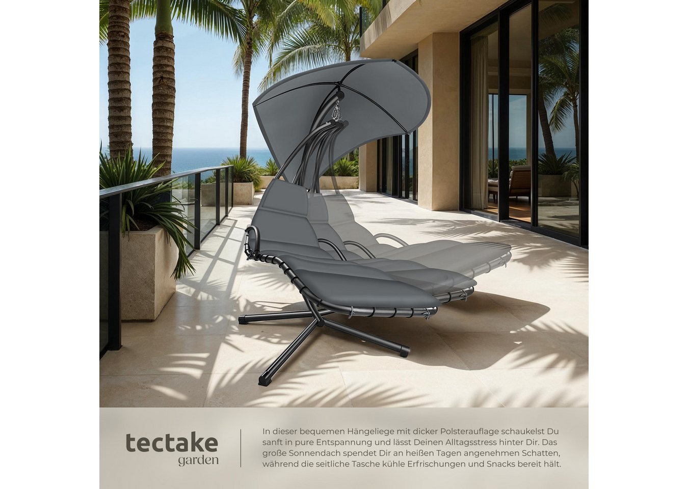 tectake Hängesessel Hängeliege mit Seitentasche, ergonomisch, 195 x 132 x 197 cm (Hängekorb mit Gestell Elaria, für indoor und outdoor in grau), großes Sonnenda – Bild 4 von 5
