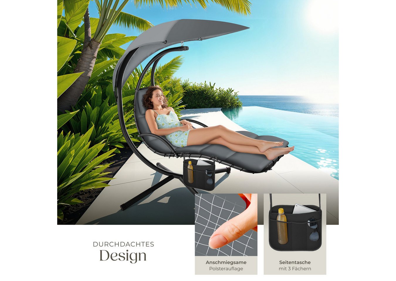 tectake Hängesessel Hängeliege mit Seitentasche, ergonomisch, 195 x 132 x 197 cm (Hängekorb mit Gestell Elaria, für indoor und outdoor in grau), großes Sonnenda – Bild 5 von 5