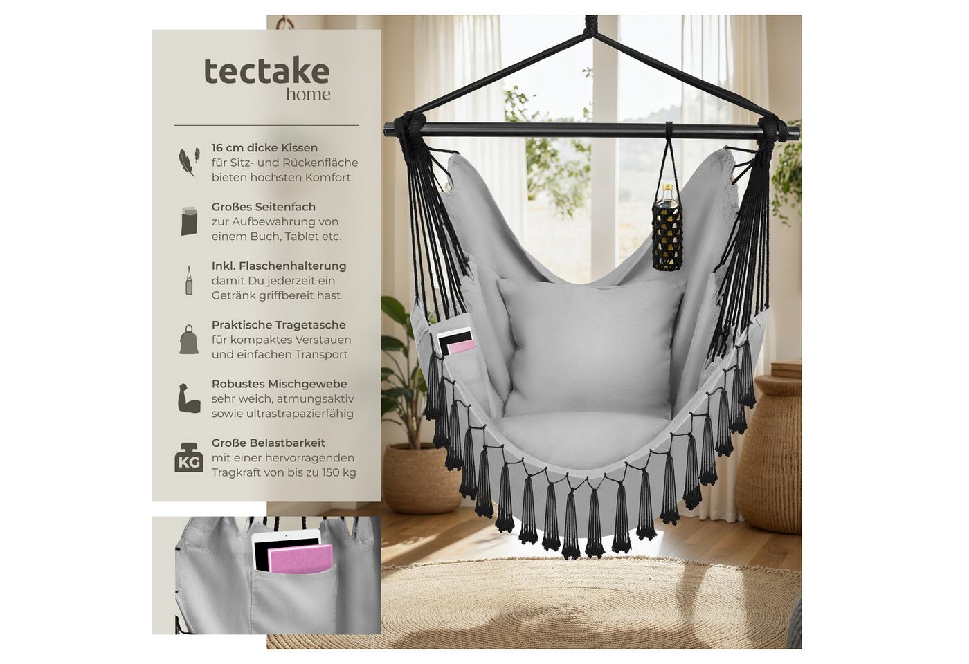 tectake Hängesessel Hängeschaukel, Belastbarkeit 150 kg, ca. 100 x 150 x 150 cm (Hängestuhl Malika, in Grau), dicke Kissen, mit Bücherfach & Flaschenhalterung,  – Bild 2 von 5