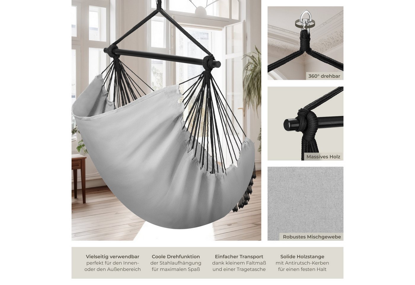 tectake Hängesessel Hängeschaukel, Belastbarkeit 150 kg, ca. 100 x 150 x 150 cm (Hängestuhl Malika, in Grau), dicke Kissen, mit Bücherfach & Flaschenhalterung,  – Bild 3 von 5