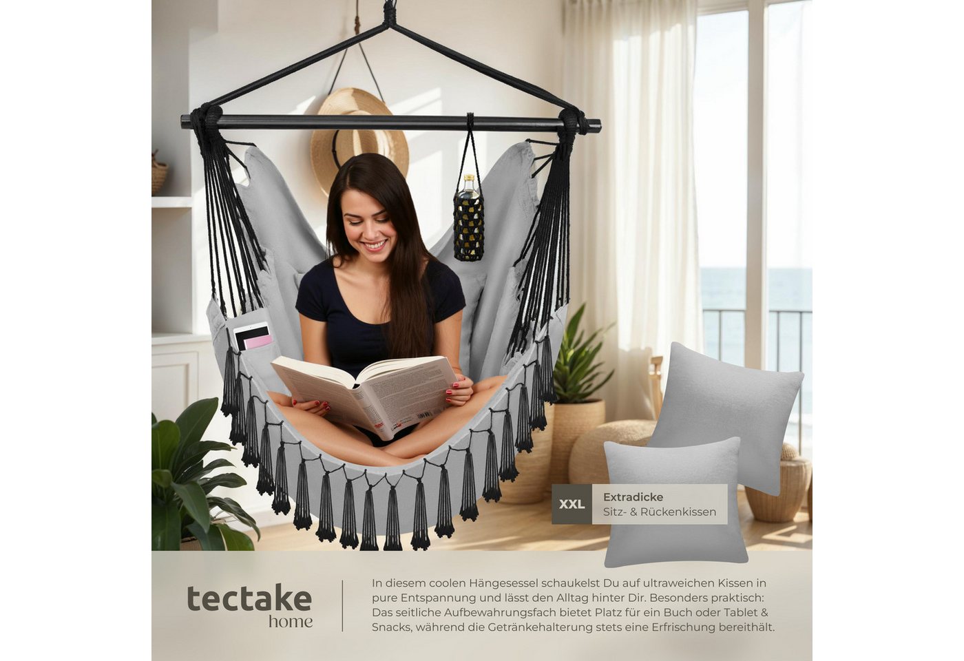 tectake Hängesessel Hängeschaukel, Belastbarkeit 150 kg, ca. 100 x 150 x 150 cm (Hängestuhl Malika, in Grau), dicke Kissen, mit Bücherfach & Flaschenhalterung,  – Bild 4 von 5