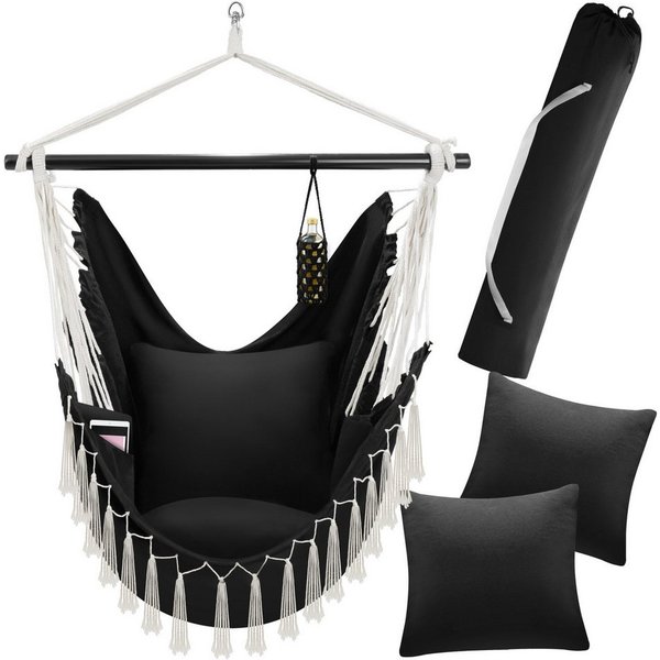 tectake Hängesessel Hängeschaukel, Belastbarkeit 150 kg, ca. 100 x 150 x 150 cm (Hängestuhl Malika, in Schwarz), dicke Kissen, mit Bücherfach & Flaschenhalterun