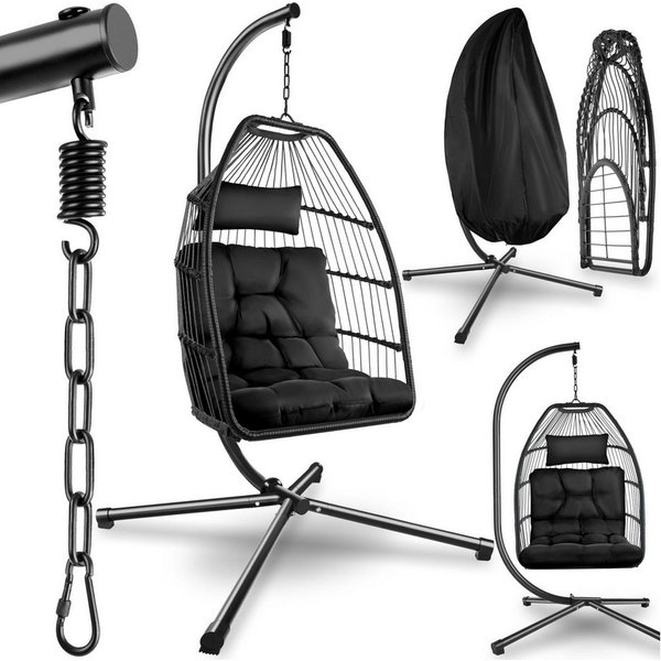 tectake Hängesessel Hängeschaukel mit extra dickem Sitz- und Kopfkissen, 98 x 107 x 202 (Hängestuhl Ariane mit Gestell, für Indoor und Outdoor, in Schwarz), bod
