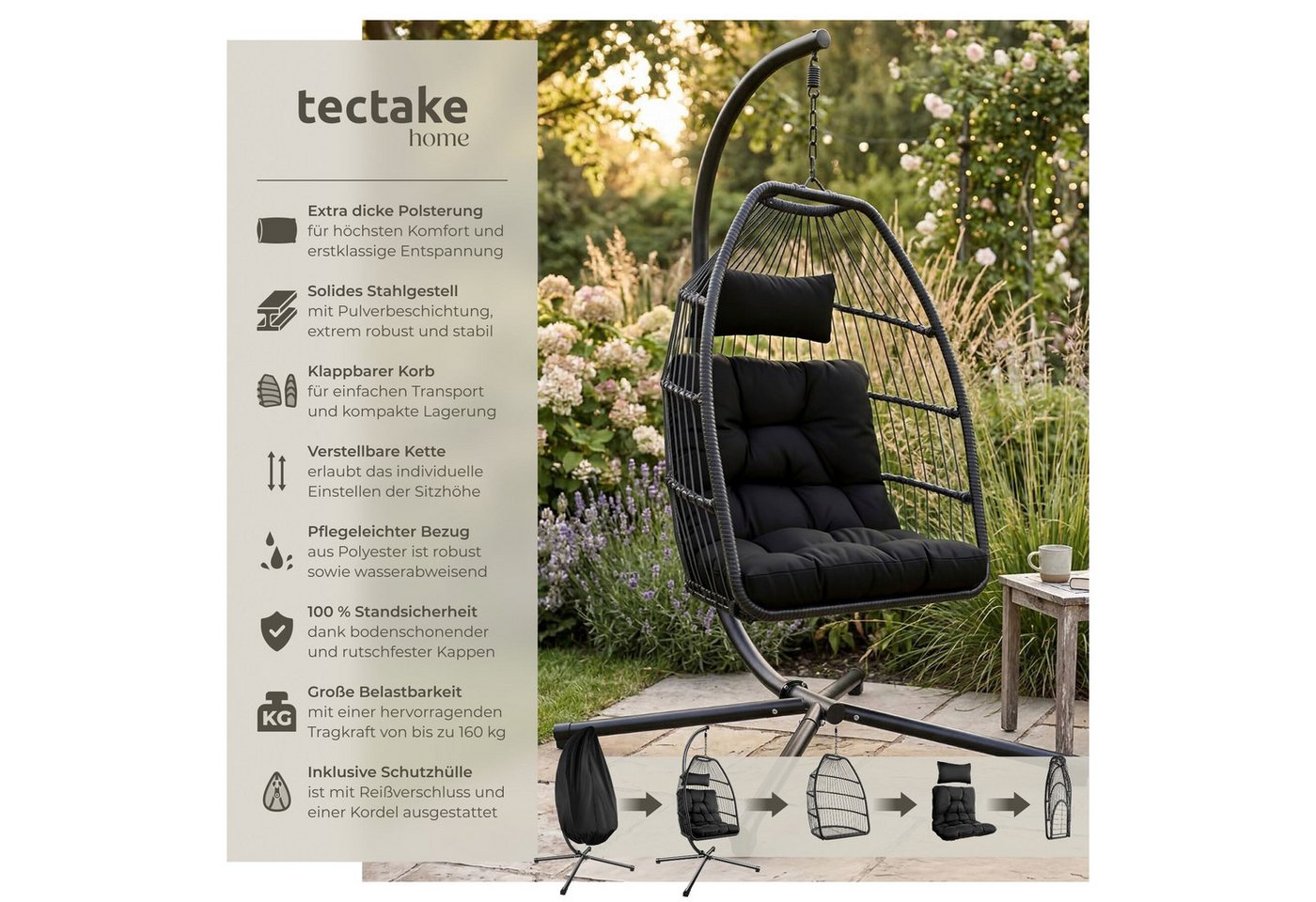 tectake Hängesessel Hängeschaukel mit extra dickem Sitz- und Kopfkissen, 98 x 107 x 202 (Hängestuhl Ariane mit Gestell, für Indoor und Outdoor, in Schwarz), bod – Bild 2 von 5