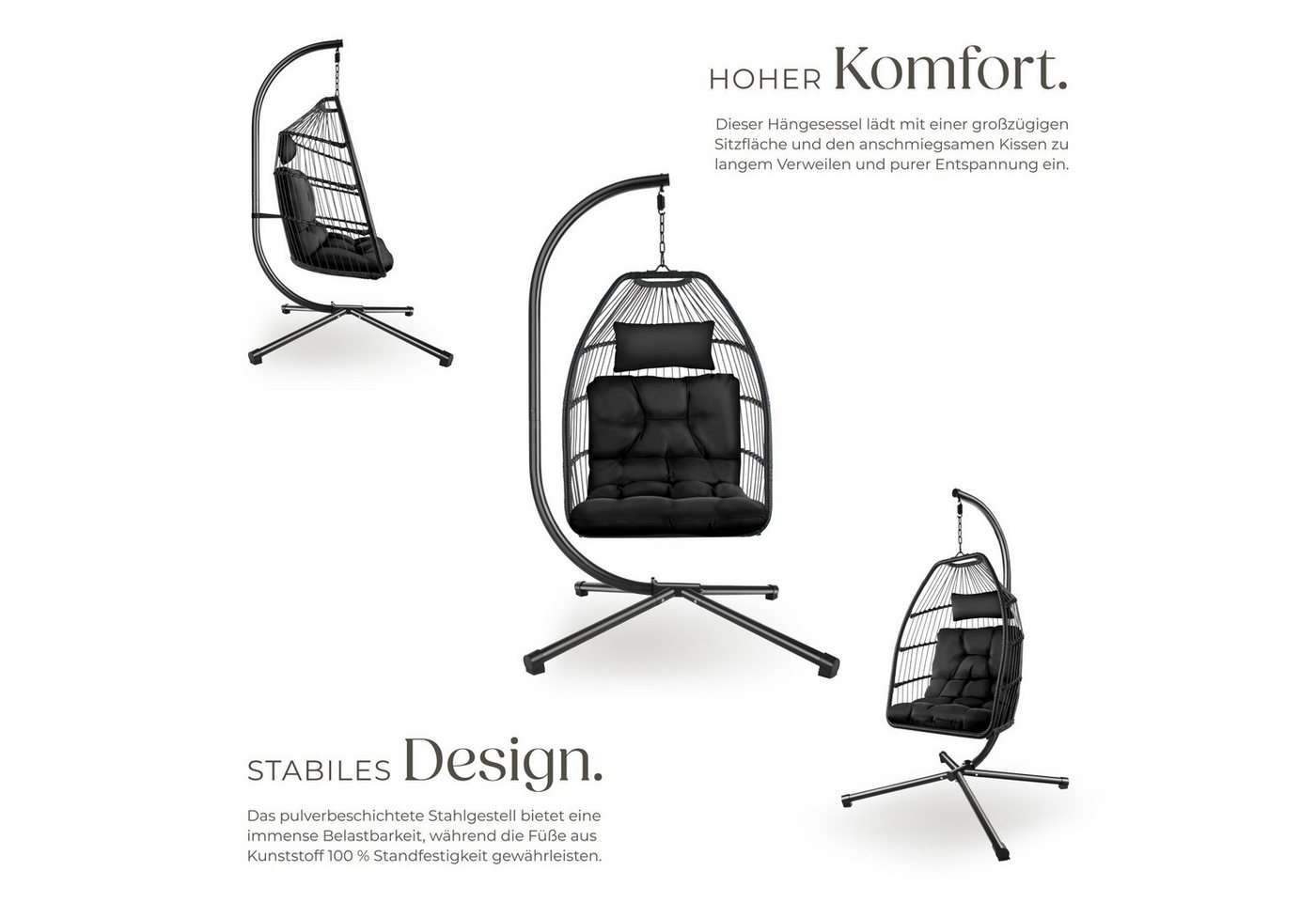 tectake Hängesessel Hängeschaukel mit extra dickem Sitz- und Kopfkissen, 98 x 107 x 202 (Hängestuhl Ariane mit Gestell, für Indoor und Outdoor, in Schwarz), bod – Bild 3 von 5