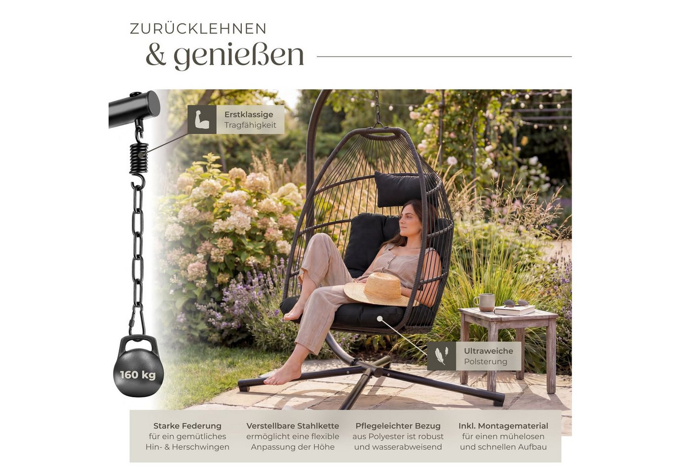 tectake Hängesessel Hängeschaukel mit extra dickem Sitz- und Kopfkissen, 98 x 107 x 202 (Hängestuhl Ariane mit Gestell, für Indoor und Outdoor, in Schwarz), bod – Bild 4 von 5