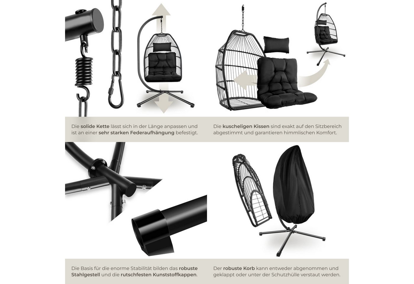 tectake Hängesessel Hängeschaukel mit extra dickem Sitz- und Kopfkissen, 98 x 107 x 202 (Hängestuhl Ariane mit Gestell, für Indoor und Outdoor, in Schwarz), bod – Bild 5 von 5