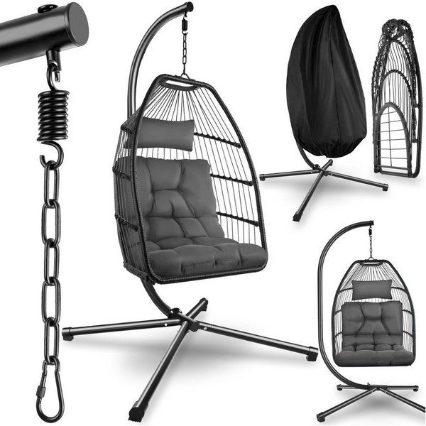 tectake Hängesessel Hängeschaukel mit extra dickem Sitz- und Kopfkissen, 98 x 107 x 202 (Hängestuhl Ariane mit Gestell, für Indoor und Outdoor, in Dunkelgrau), 