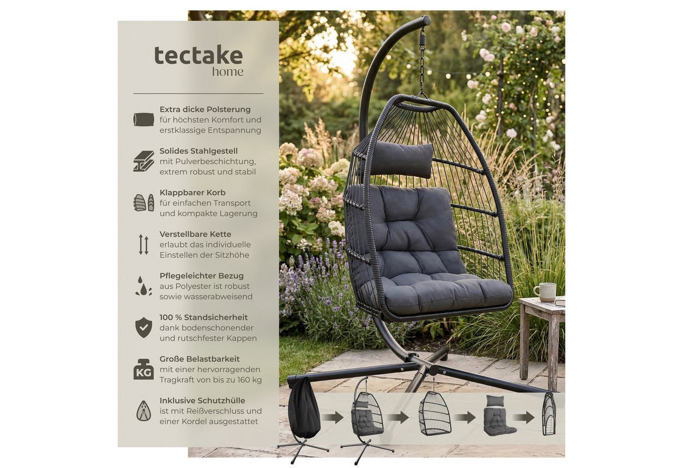 tectake Hängesessel Hängeschaukel mit extra dickem Sitz- und Kopfkissen, 98 x 107 x 202 (Hängestuhl Ariane mit Gestell, für Indoor und Outdoor, in Dunkelgrau),  – Bild 2 von 5