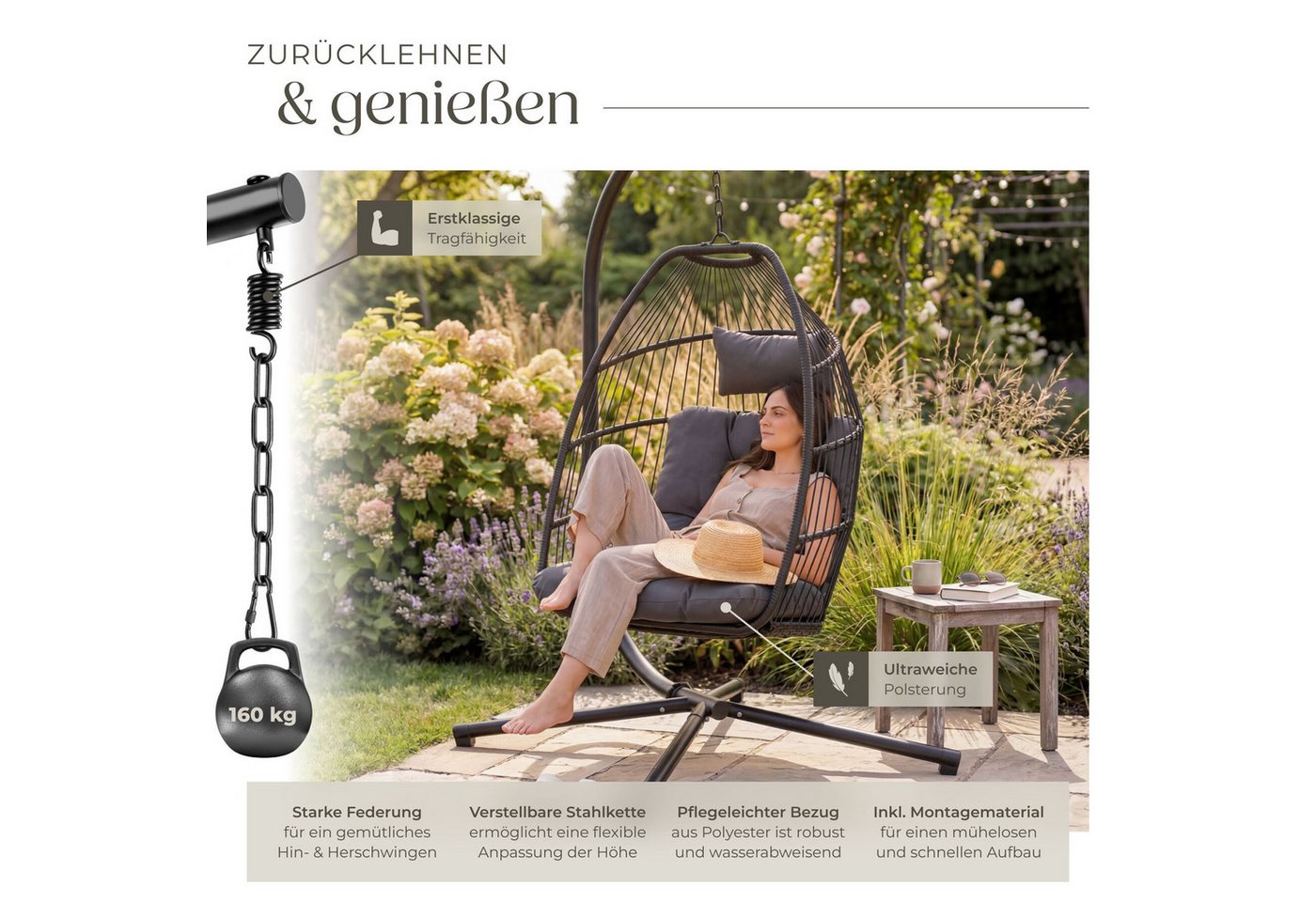 tectake Hängesessel Hängeschaukel mit extra dickem Sitz- und Kopfkissen, 98 x 107 x 202 (Hängestuhl Ariane mit Gestell, für Indoor und Outdoor, in Dunkelgrau),  – Bild 4 von 5