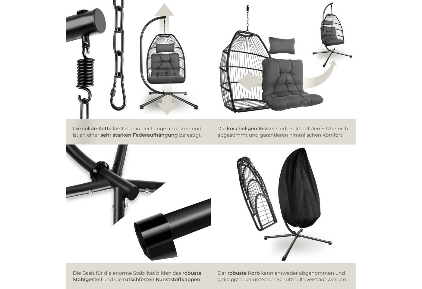 tectake Hängesessel Hängeschaukel mit extra dickem Sitz- und Kopfkissen, 98 x 107 x 202 (Hängestuhl Ariane mit Gestell, für Indoor und Outdoor, in Dunkelgrau),  – Bild 5 von 5
