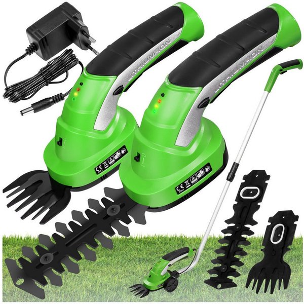 tectake Heckenschere Akku-Strauchschere, inkl. Teleskopstange, 7,2 V mit 2 Aufsätzen, (Elektro-Heckentrimmer, in grün), Für Gras, ergonomische Form, Einschaltsp