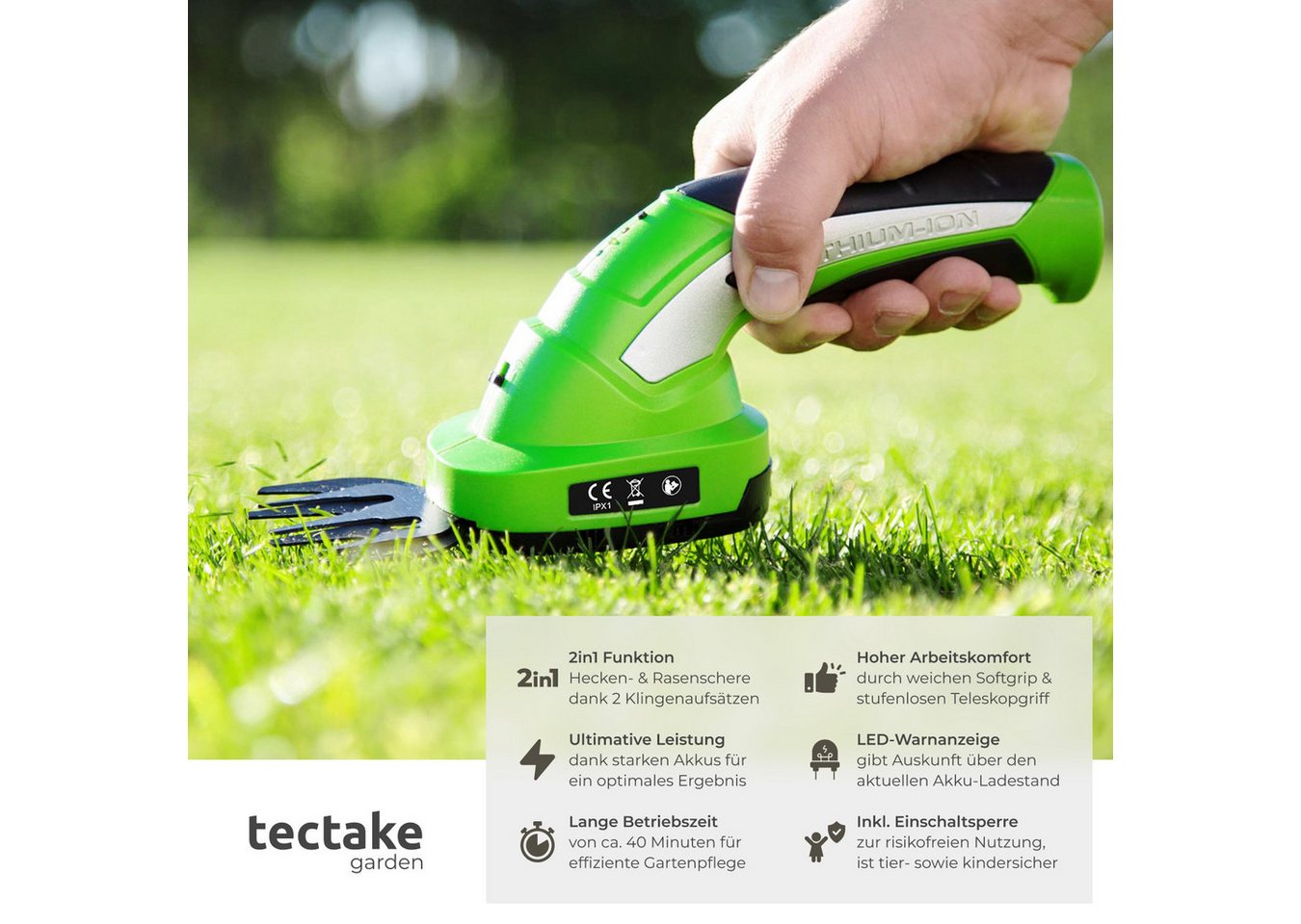 tectake Heckenschere Akku-Strauchschere, inkl. Teleskopstange, 7,2 V mit 2 Aufsätzen, (Elektro-Heckentrimmer, in grün), Für Gras, ergonomische Form, Einschaltsp – Bild 2 von 5