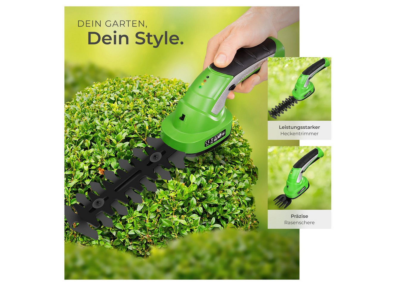 tectake Heckenschere Akku-Strauchschere, inkl. Teleskopstange, 7,2 V mit 2 Aufsätzen, (Elektro-Heckentrimmer, in grün), Für Gras, ergonomische Form, Einschaltsp – Bild 3 von 5