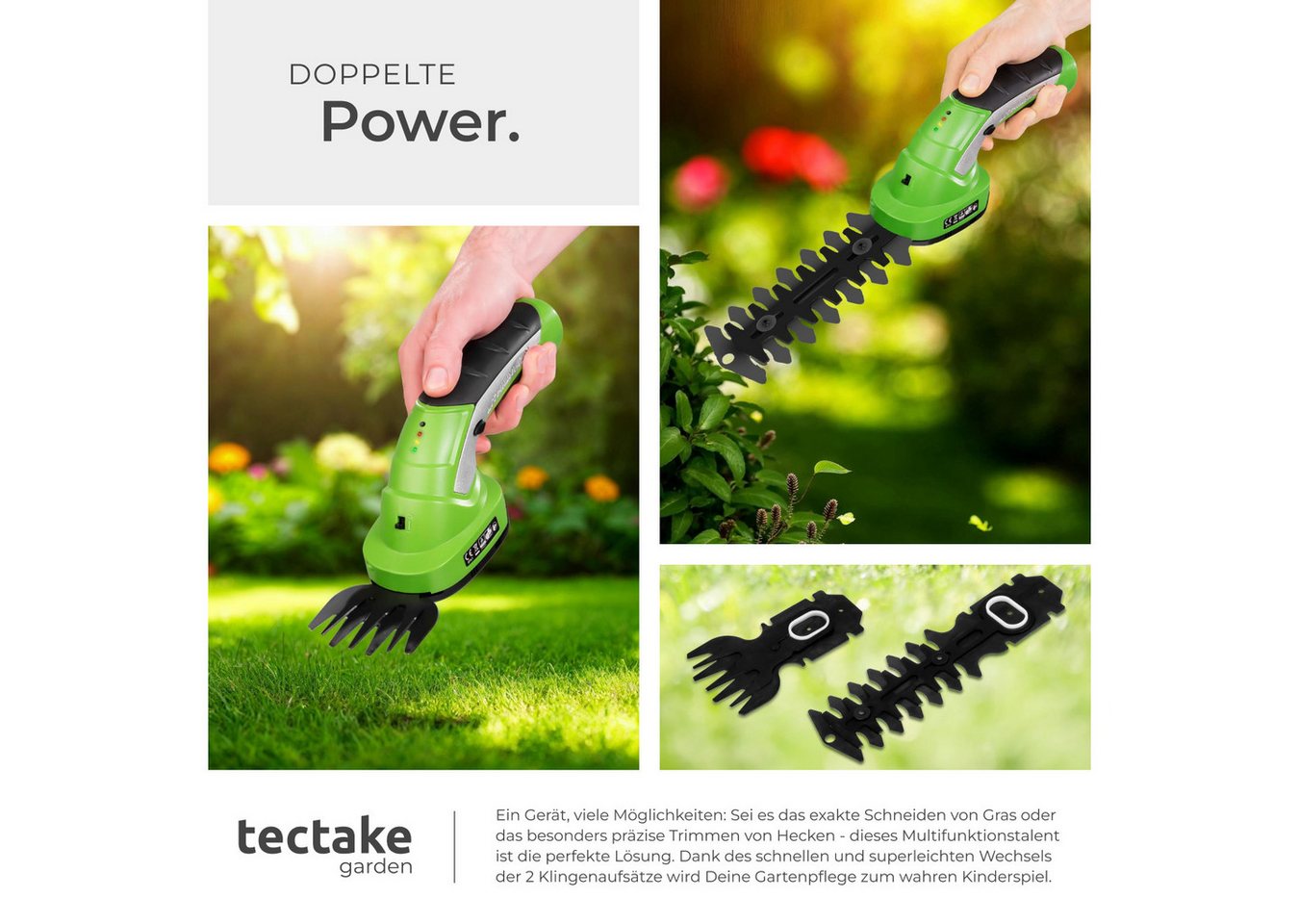tectake Heckenschere Akku-Strauchschere, inkl. Teleskopstange, 7,2 V mit 2 Aufsätzen, (Elektro-Heckentrimmer, in grün), Für Gras, ergonomische Form, Einschaltsp – Bild 4 von 5