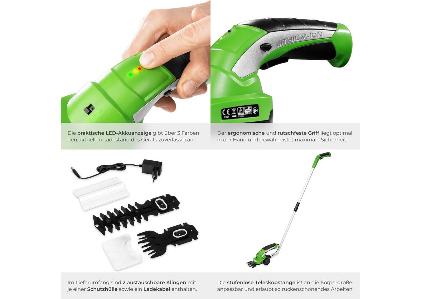 tectake Heckenschere Akku-Strauchschere, inkl. Teleskopstange, 7,2 V mit 2 Aufsätzen, (Elektro-Heckentrimmer, in grün), Für Gras, ergonomische Form, Einschaltsp – Bild 5 von 5