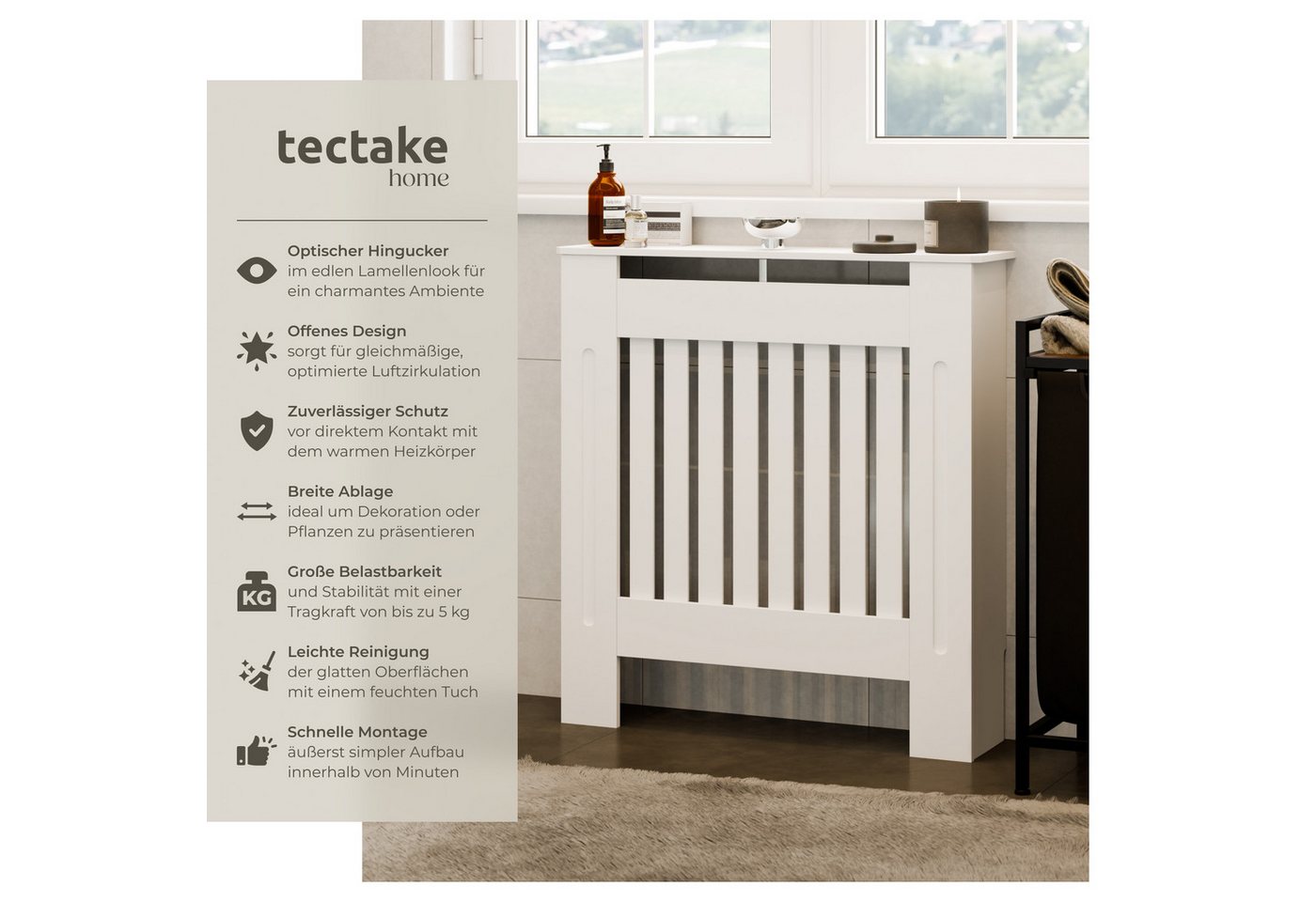 tectake Heizungsverkleidung Heizkörperabdeckung, optimale Luftzirkulation, verschiedene Größen, Robuste MDF-Platte, zusätzliche Ablagefläche, Belastbarkeit 5 kg – Bild 2 von 5