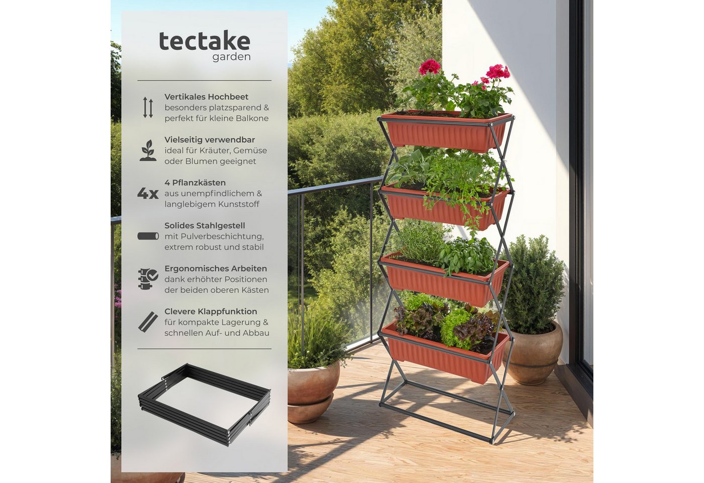 tectake Hochbeet Pflanzbeet, 52 x 21 x 127 cm, geeignet für Innen- und Außenbereich (Gemüsebeet, in braun), Mit 4 Pflanzkästen, platzsparende, vertikale Anordnu – Bild 2 von 5
