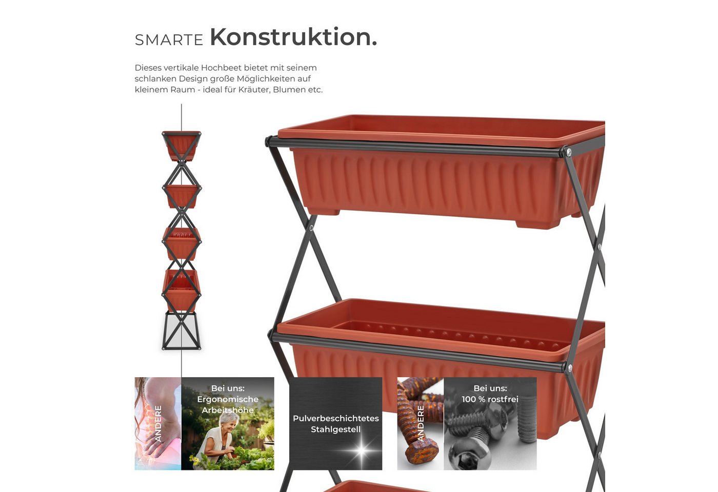 tectake Hochbeet Pflanzbeet, 52 x 21 x 127 cm, geeignet für Innen- und Außenbereich (Gemüsebeet, in braun), Mit 4 Pflanzkästen, platzsparende, vertikale Anordnu – Bild 3 von 5