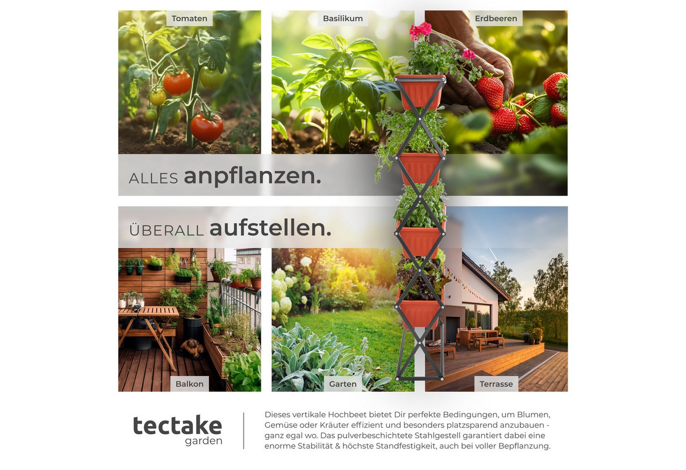 tectake Hochbeet Pflanzbeet, 52 x 21 x 127 cm, geeignet für Innen- und Außenbereich (Gemüsebeet, in braun), Mit 4 Pflanzkästen, platzsparende, vertikale Anordnu – Bild 5 von 5