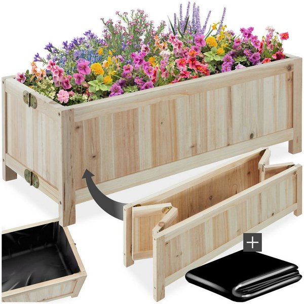 tectake Hochbeet Pflanzbeet, Maße: 70 x 30 x 25 cm, Belastbarkeit 50 kg, klappbar (Gemüsebeet Blomster, in braun), Fassungsvermögen 30 l, natürliches Tannenholz