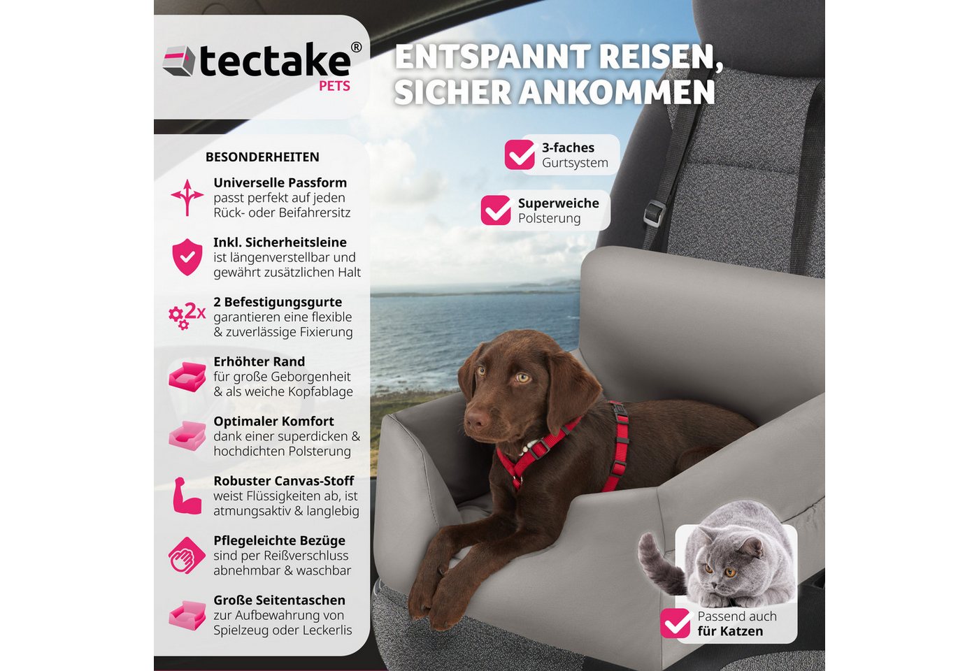 tectake Hunde-Autositz Hunde-Sicherheitssitz, 55 x 50 x 29 cm, abnehmbare Bezüge aus Canvas, Längenverstellbar, hohe Seitenwände, wasserabweisend und waschbar – Bild 2 von 5