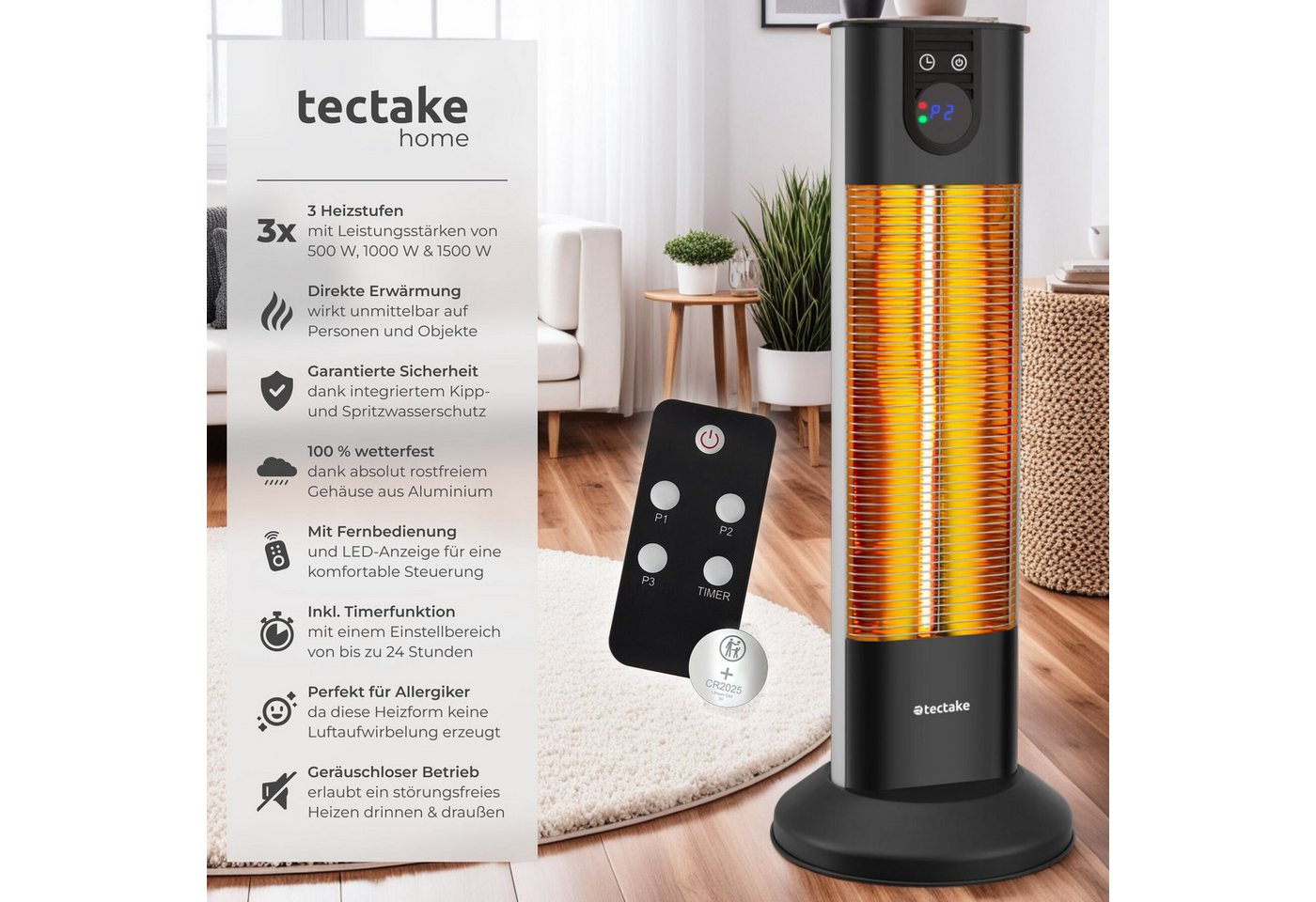 tectake Infrarotstrahler Terrassenheizstrahler, 29 x 29 x 76,5 cm, LED-Anzeige und Kippschutz, 1000 und 1500 W, keine Luftzirkulation, Fernbedienung, Timerfunkt – Bild 2 von 5