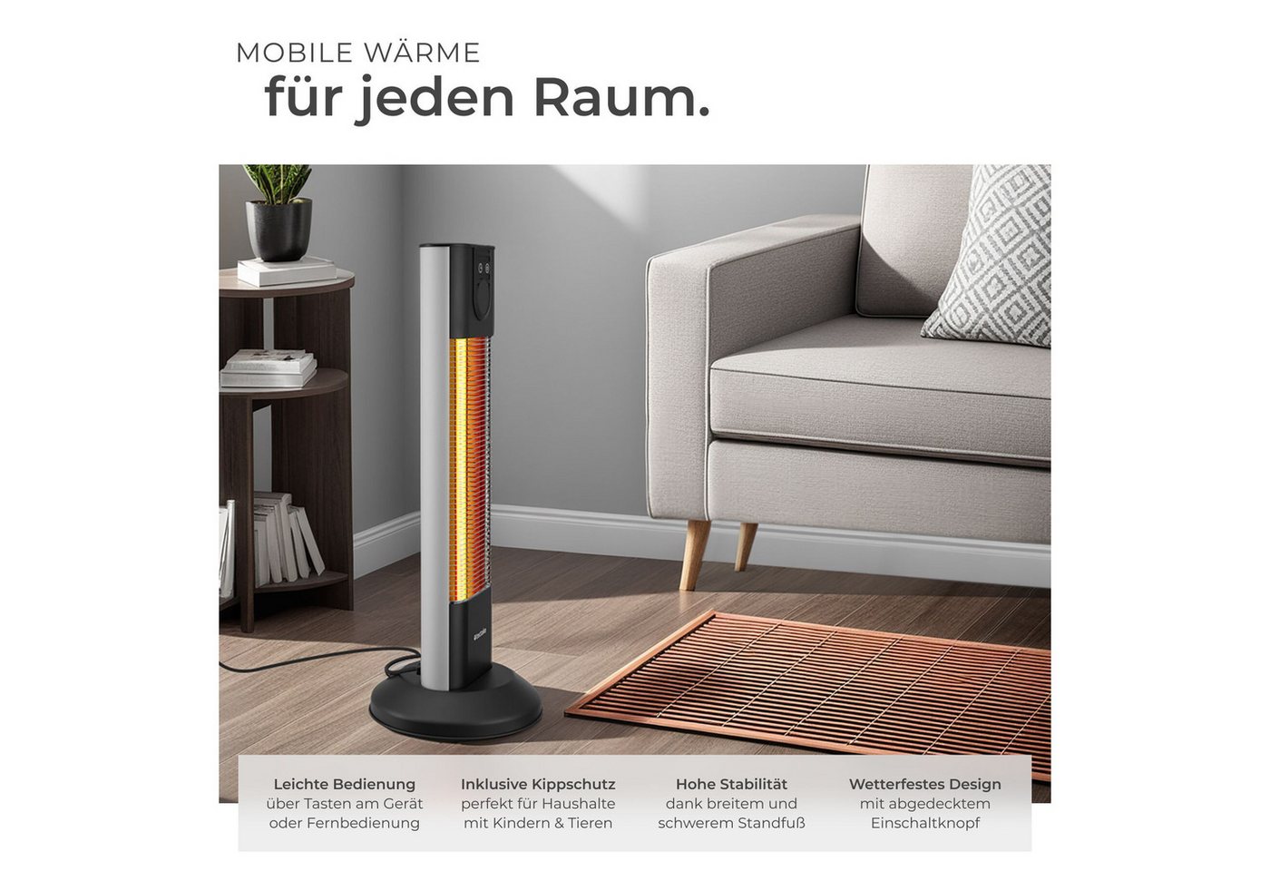 tectake Infrarotstrahler Terrassenheizstrahler, 29 x 29 x 76,5 cm, LED-Anzeige und Kippschutz, 1000 und 1500 W, keine Luftzirkulation, Fernbedienung, Timerfunkt – Bild 3 von 5