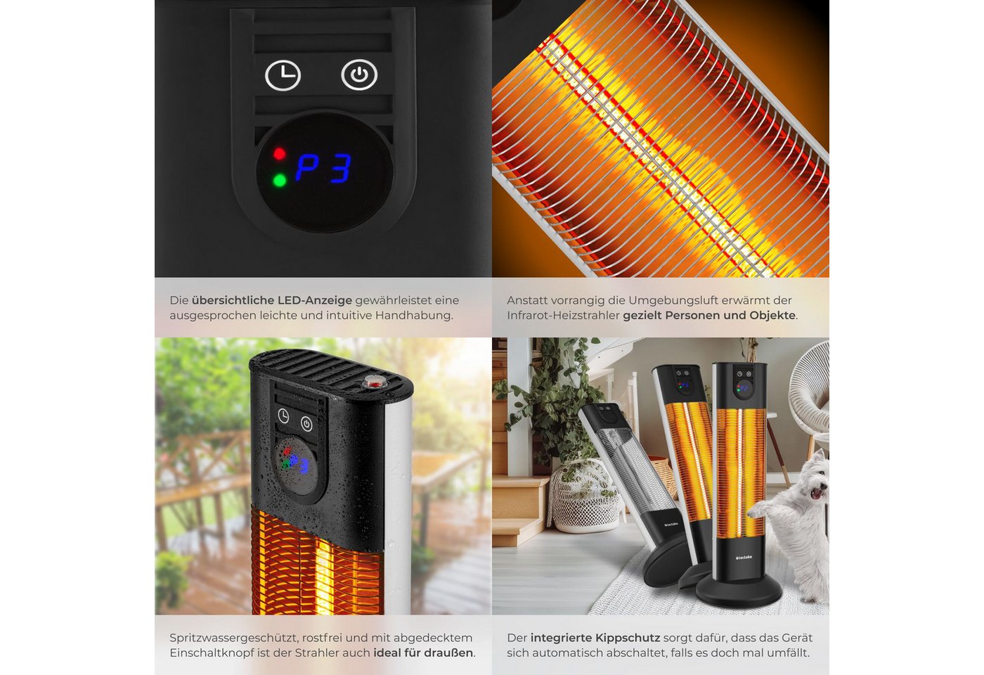 tectake Infrarotstrahler Terrassenheizstrahler, 29 x 29 x 76,5 cm, LED-Anzeige und Kippschutz, 1000 und 1500 W, keine Luftzirkulation, Fernbedienung, Timerfunkt – Bild 4 von 5