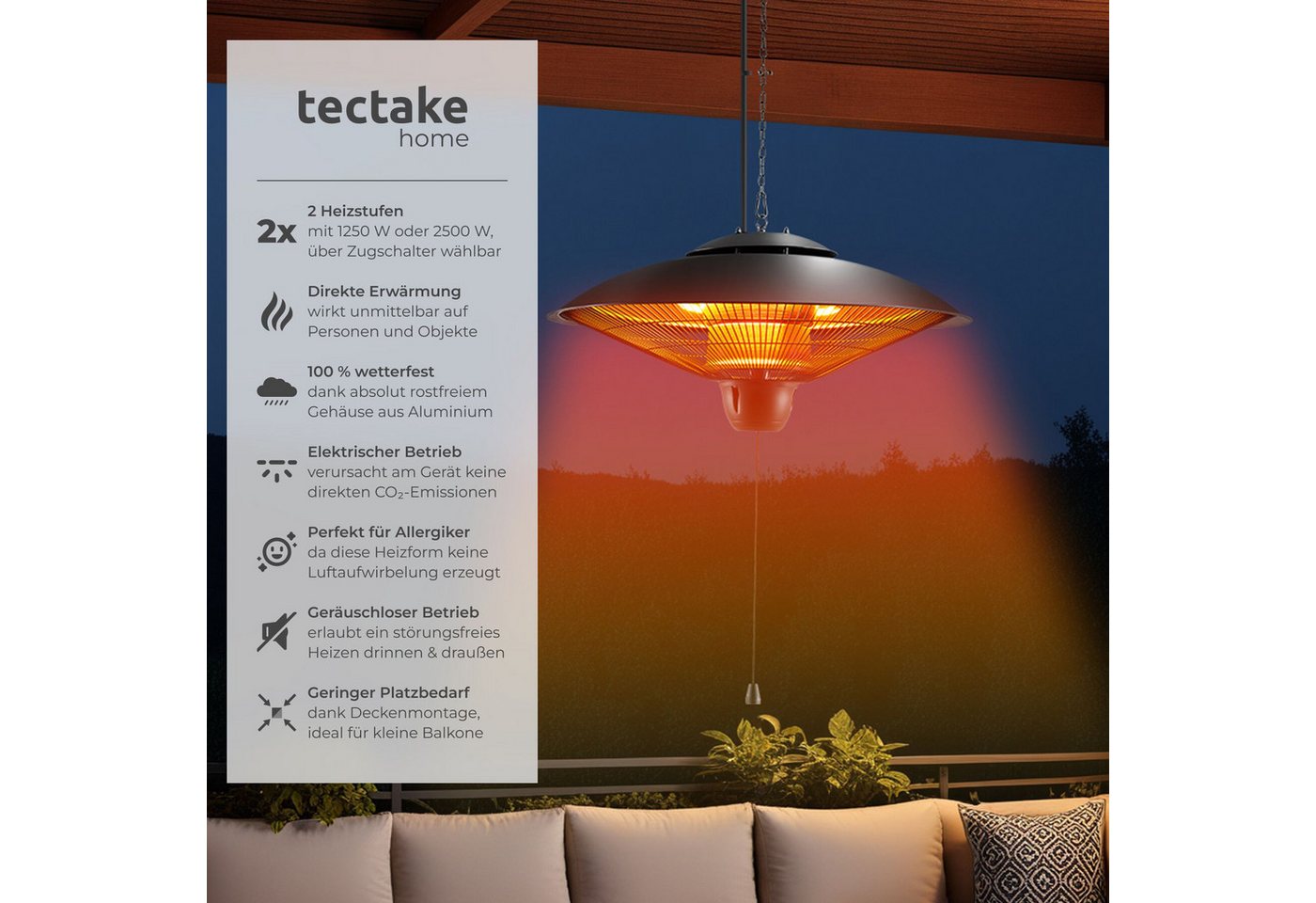 tectake Infrarotstrahler Terrassenheizstrahler, keine Luftzirkulation, Kette mit, Einfache Montage, 58 x 58 x 32 cm, 1250 und 2500 W, Aluminiumgehäuse – Bild 2 von 5