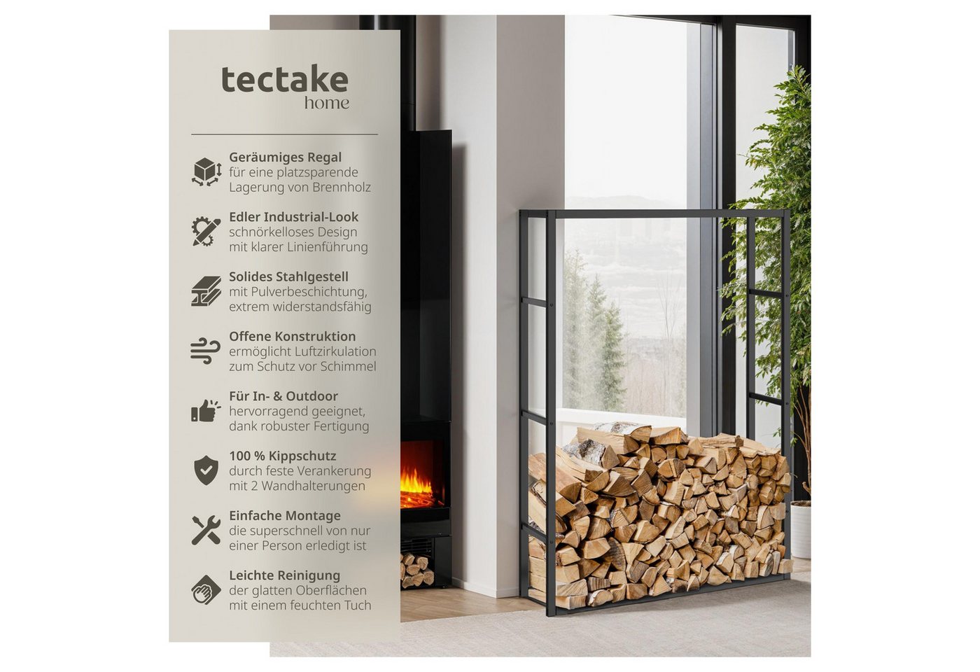 tectake Kaminholzregal Brennholzregal, Kippschutz, 100,5 x 25 x 150 cm, Industrial-Look, BxTxH:100,50x25x150,00 cm, (Feuerholzständer Tuby, in schwarz), Pulverb – Bild 2 von 5
