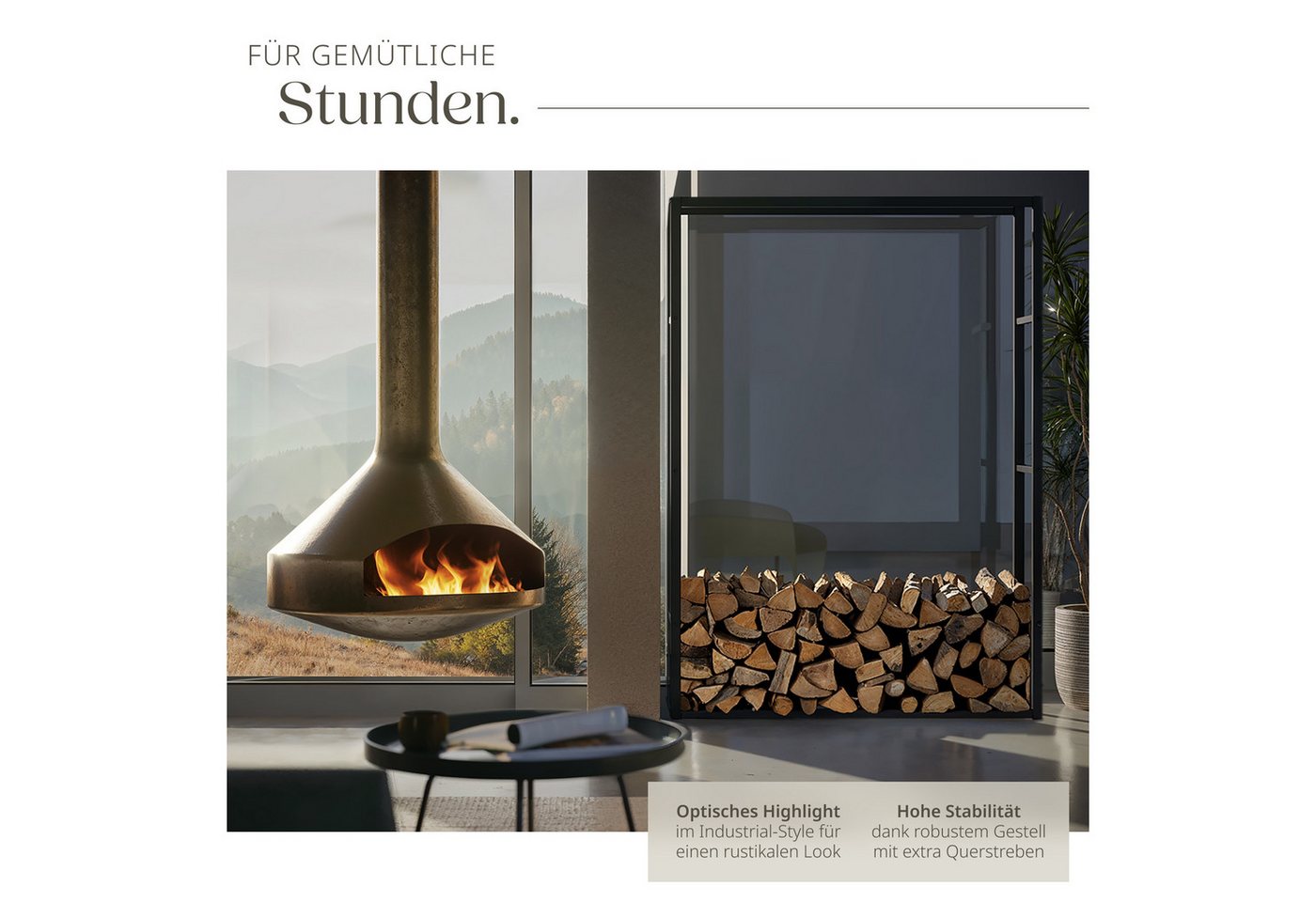 tectake Kaminholzregal Brennholzregal, Kippschutz, 100,5 x 25 x 150 cm, Industrial-Look, BxTxH:100,50x25x150,00 cm, (Feuerholzständer Tuby, in schwarz), Pulverb – Bild 3 von 5
