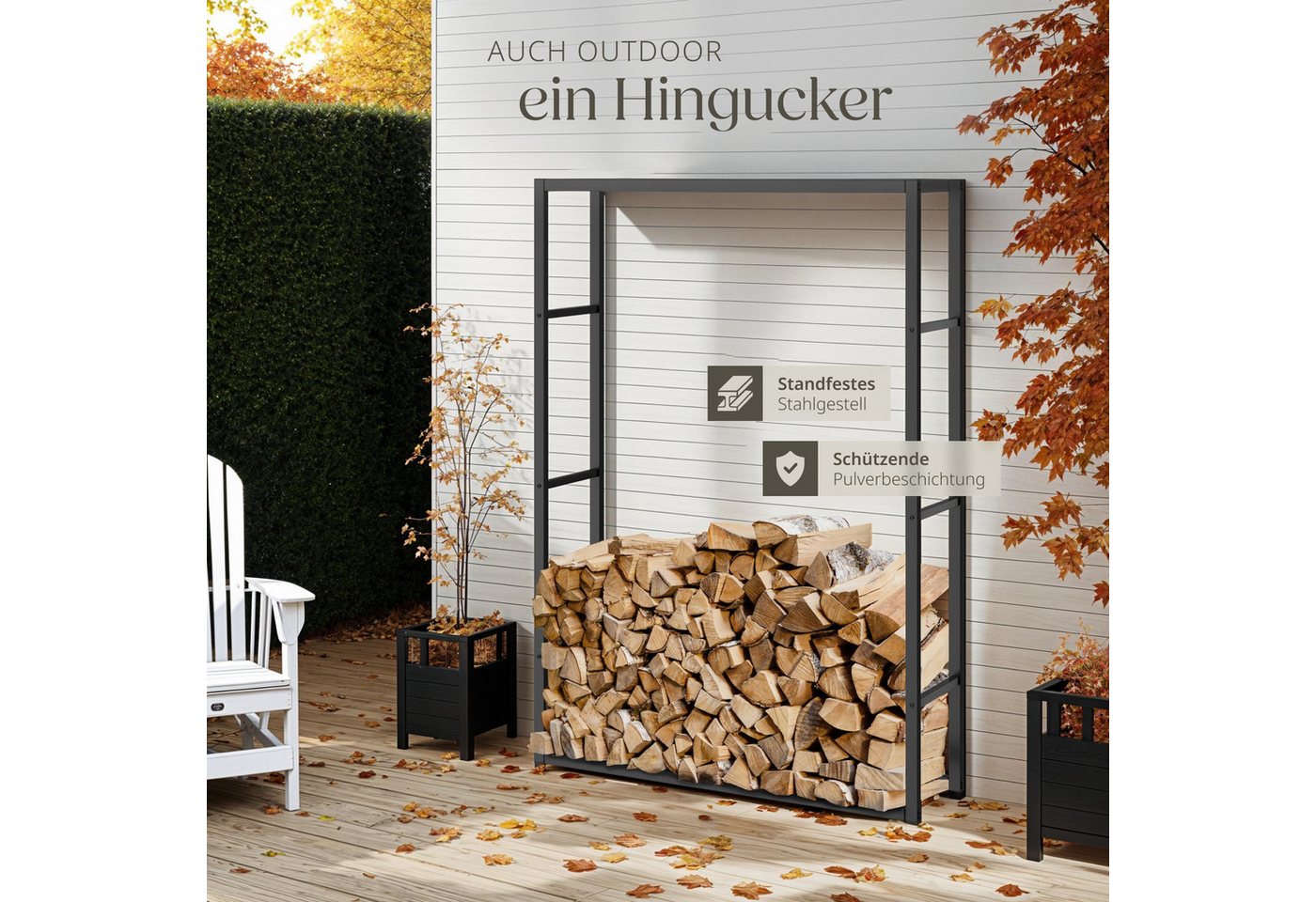 tectake Kaminholzregal Brennholzregal, Kippschutz, 100,5 x 25 x 150 cm, Industrial-Look, BxTxH:100,50x25x150,00 cm, (Feuerholzständer Tuby, in schwarz), Pulverb – Bild 4 von 5