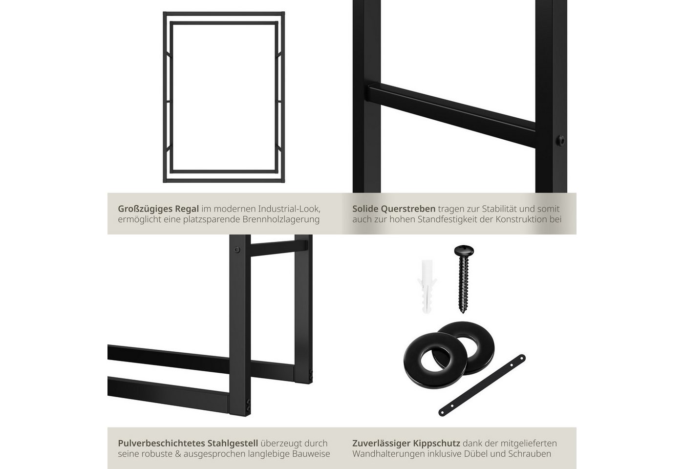 tectake Kaminholzregal Brennholzregal, Kippschutz, 100,5 x 25 x 150 cm, Industrial-Look, BxTxH:100,50x25x150,00 cm, (Feuerholzständer Tuby, in schwarz), Pulverb – Bild 5 von 5
