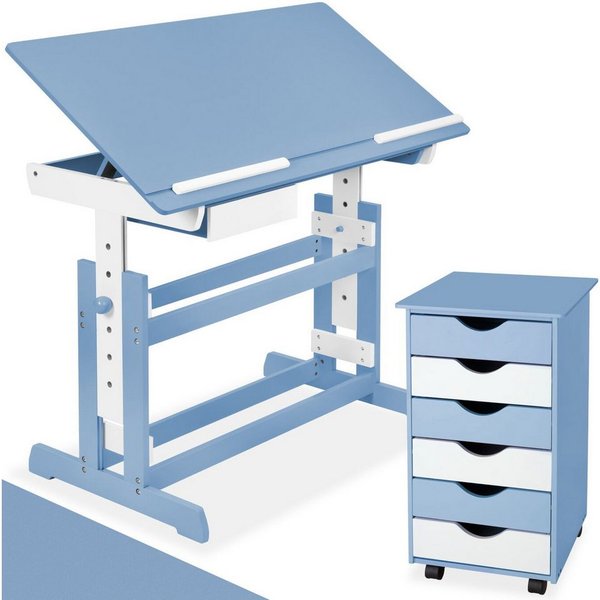 tectake Kinderschreibtisch Höhenverstellbarer Jugendschreibtisch, elektrisch, abgerundete (Schülerschreibtisch, 1-St., in blau), Aus Holz, Tischplatte neigbar &