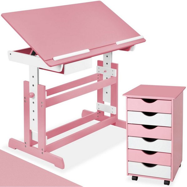 tectake Kinderschreibtisch Höhenverstellbarer Jugendschreibtisch, elektrisch, abgerundete (Schülerschreibtisch, 1-St., in rosa), Aus Holz, Tischplatte neigbar &