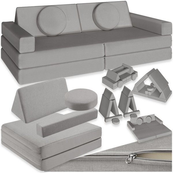 tectake Kindersofa Spielsofa, stapelbar, Schlaffunktion mit faltbaren Bodenkissen, Kinder-Couch Lilly, 8-teilig, dicke Polsterung, Leinenbezüge, abnehmbar und w