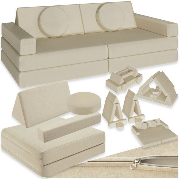 tectake Kindersofa Spielsofa, stapelbar, Schlaffunktion mit faltbaren Bodenkissen, Kinder-Couch Lilly, 8-teilig, dicke Polsterung, Leinenbezüge, abnehmbar und w