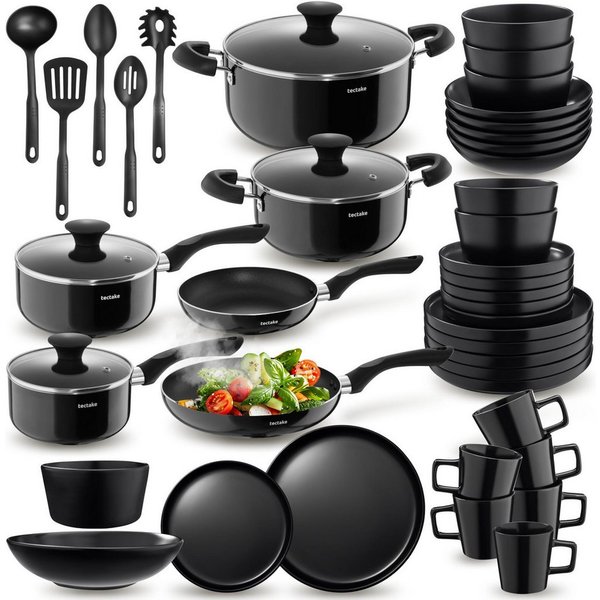 tectake Kochbesteck-Set Geschirrset aus Steingut mit Töpfen, Pfannen (Una/Varese - für Induktionsherde geeignet, 45-tlg., in Schwarz), hitzebeständig, kratzfest
