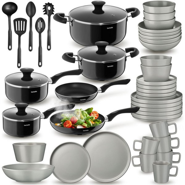 tectake Kochbesteck-Set Küchen Grundausstattung mit Steingut-Geschirr und Alu-Kochgeschirr (Una/Varese - für Induktionsherde geeignet, 45-tlg., in Grau/schwarz)